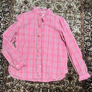 LOFT Pink Checkered Button Down Shirt With Small Ruffle Details Size Small